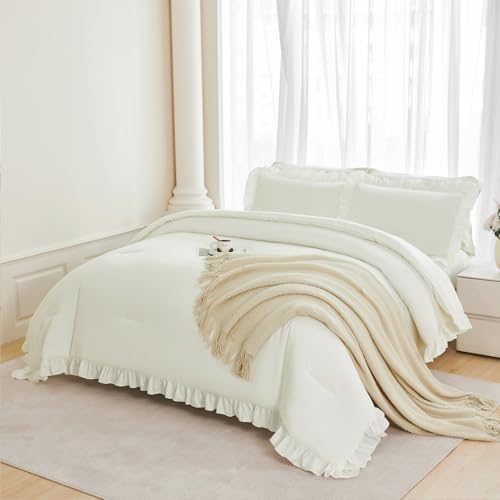 Queen Comforter Set Ivory 5 Pieces Beige Ruffled Bedding Sets Farmhouse Boho Bed in A Bag with Sheets Soft Shabby Chic Bed Set for Women Men (5 Count)