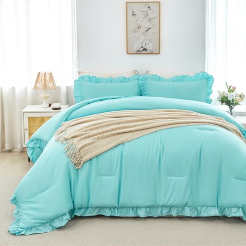 Aqua Blue Twin Size Comforter Sets for Teens Girls 5 Pieces Ruffle Bed in A Bag with Sheets Solid Elegance Bedding Comforter Sets for All Season