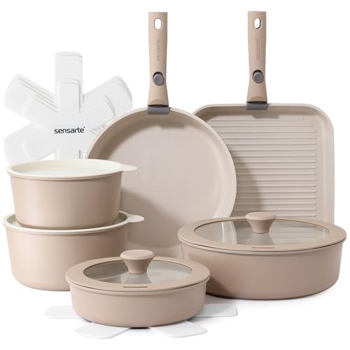 17 Piece Ceramic Detachable Handle Pots and Pans Set Almond Beige