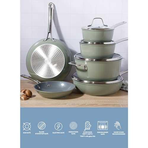 Kitchen Essentials Cool Commune Hard Anodized 10 Piece PFA Free Ceramic Non stick Interior Forged Durable Aluminum Pots and Pans Cookware Set