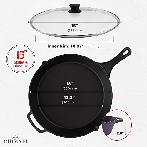 15" Cast Iron Skillet + Glass Lid Cover + Pan Scraper + Heat