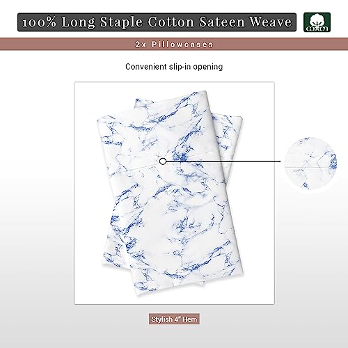 100% Cotton Carrara Marble Print Queen Pillowcases 400TC Blue (2 Count)