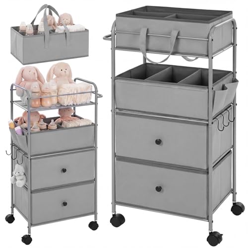 3In1 Baby Diaper Caddy Organizer Cart 4 Tier Large Capacity Metal Utility Bedside Rolling Cart with Divider Newborn Registry Nursery Essential Must Have Bedroom Gift Baby Shower