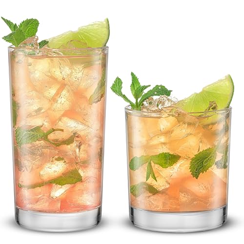 Alain Drinking Glasses Set of 8 Glass Tumblers. Highball 14oz Bar Glasses and Lowball 10oz Rocks Glasses Set. Cocktail (8 Count)