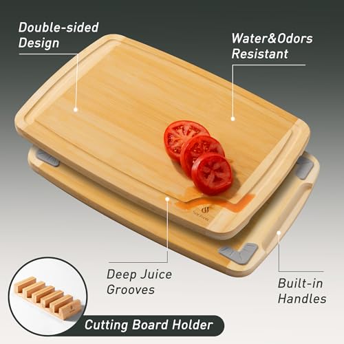 Bamboo Cutting Board Set Non Slip Feet with Holder Over Sink Wooden Cutting Boards Eating Grilling Biard Cutboard Biard Chtting Woodcutting Cuttingboards Voard Oard Bord 12x18 11 x 14 Baords Baord (5 Count)