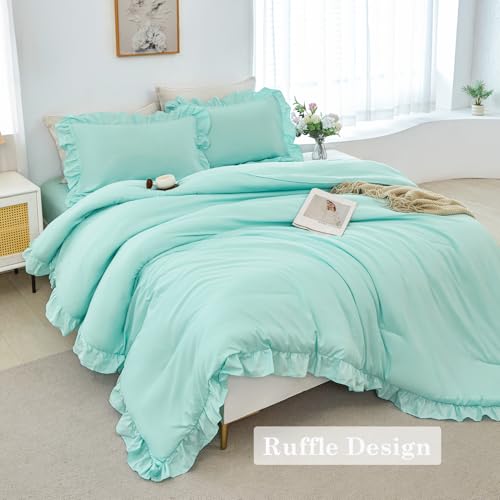 5 Pieces Mint Green King Bed in A Bag Ruffle Comforter Set