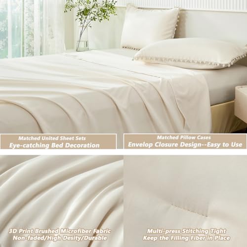 Girls Comforter Set Twin Size Beige Cream 5 Pieces Boho Pom Pom Bed in A Bag with Sheets Ultra Soft Lightweight Fluffy Beige Solid Bedding Set Matching 2 Pillowcases