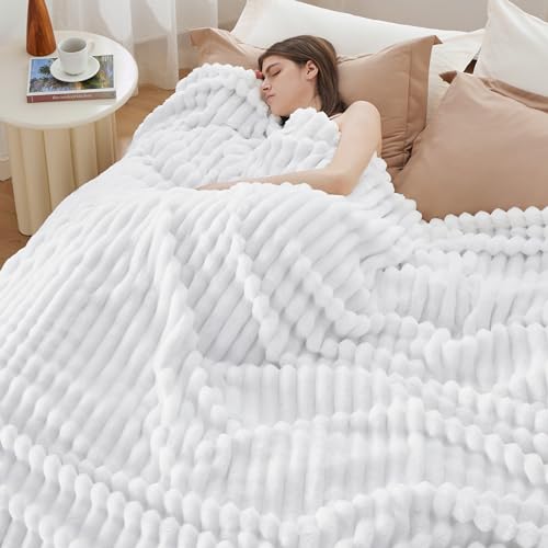 Full Size Fleece Blankets for Bed Bright White 84"x90"