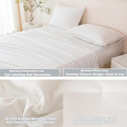 5 Pcs Ivory Comforter Sets Twin Size Pom Pom Fringe Solid Bedding Set with Sheets Soft Lightweight White Kids Bed in A Bag for Girls Boys