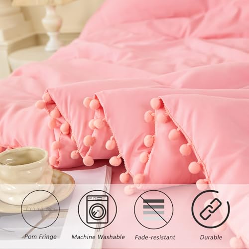 Coral Pink Comforter Set Twin Size 5 Pieces Pom Pom Fringe Solid Bedding Set for Girls Kids Bedroom Soft Fluffy Down Alternative Boho Bed in a Bag with Sheets
