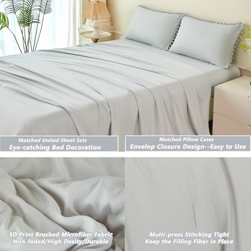 5 Pieces Light Grey Bed in A Bag Queen Set Boho Pom Pom Bedding Set for Boys Girls Ultra Soft Fluffy Solid Bed in A Bag with Comforter and Sheets for All Season Use