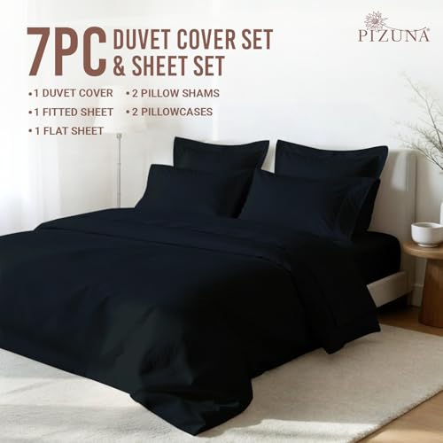 Cotton Queen Duvet Cover + Sheet Set 400 Thread Count Black