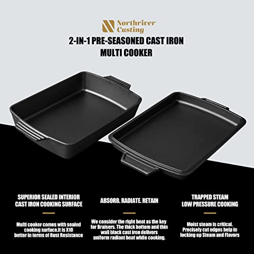 2-In-1 Pre Seasoned Cast Iron Dutch Oven With Skillet Lid,Casserole Dish,Rectangular Baking Pan,Griddle Pot Set, 6QT, 9"x13"