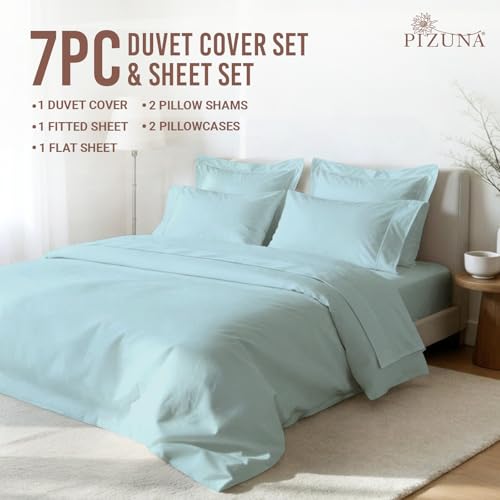 Cotton Queen Duvet Cover + Sheet Set 400 Thread Count Baby Blue