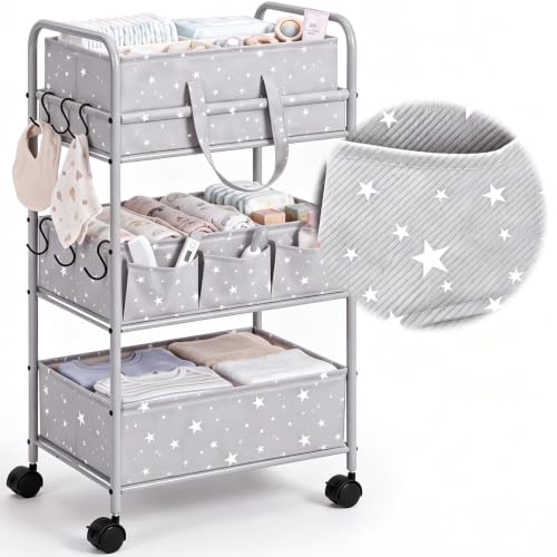 2in1 Baby Diaper Caddy Organizer Cart 3 Tier Large Capacity Metal Utility Bedside Rolling Cart with Divider Newborn Registry Gift Nursery Essential Must Have Bedroom Baby Shower (2 Count)