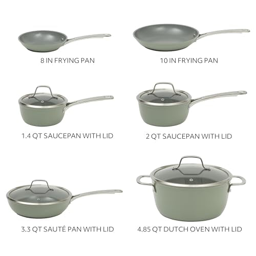 Kitchen Essentials Cool Commune Hard Anodized 10 Piece PFA Free Ceramic Non stick Interior Forged Durable Aluminum Pots and Pans Cookware Set