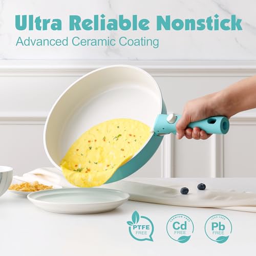 17 Piece Ceramic Detachable Handle Pots and Pans Set Turquoise