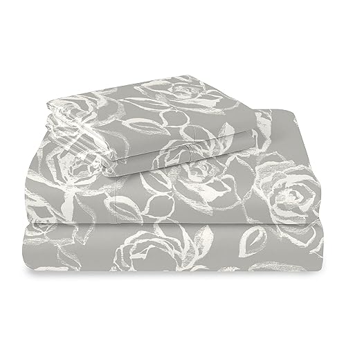 100% Cotton Simply Floral Print King Sheets Set 400TC Silver