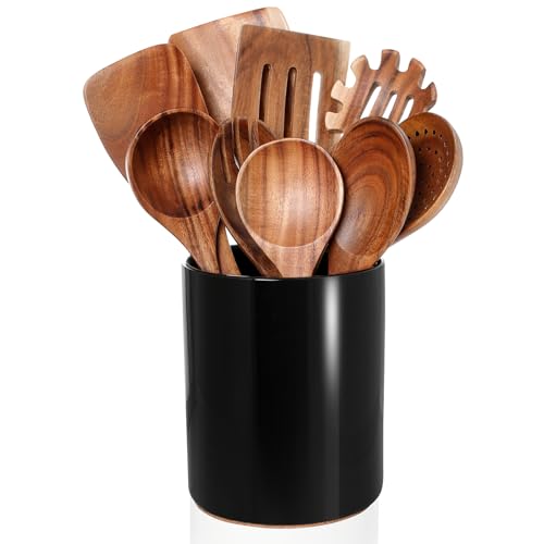 Wooden Cooking Utensils Set with Ceramic Holder (10 Count)