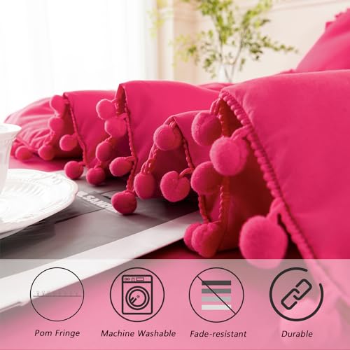 5 Piece Hot Pink Comforter Sets Twin Size Pom Pom Girls Bedding Set with Sheets Soft Aesthetic Boho Bed in a Bag Solid Bedding Comforter for All Season
