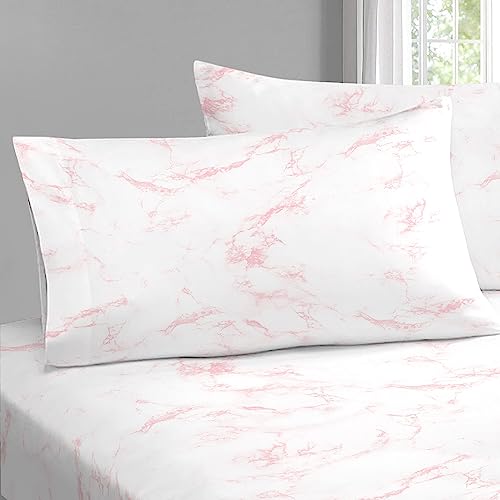 100% Cotton Carrara Marble Print Queen Pillowcases 400TC Pink (2 Count)