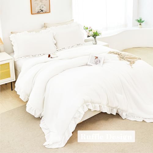 5Pcs Queen Comforter Sets White Ruffle Bedding Sets for Women Men Vintage Farmhouse Bed Sets Solid Elegance Bed in A Bag for All Season（White Queen）