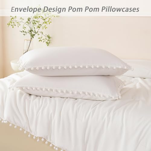 5 Pcs Ivory Comforter Sets Twin Size Pom Pom Fringe Solid Bedding Set with Sheets Soft Lightweight White Kids Bed in A Bag for Girls Boys