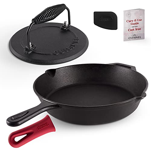 Cast Iron Skillet + Grill Press + Scraper Set (4 Count)