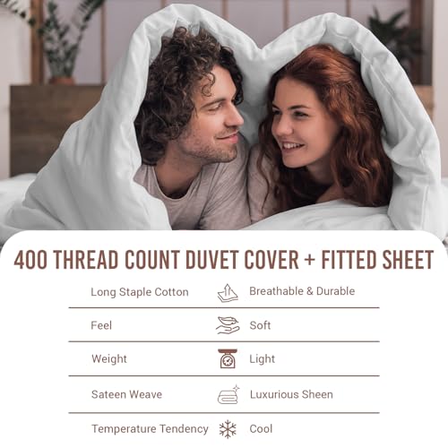 100% Cotton King Duvet Cover Set + Fitted Sheet 400TC White