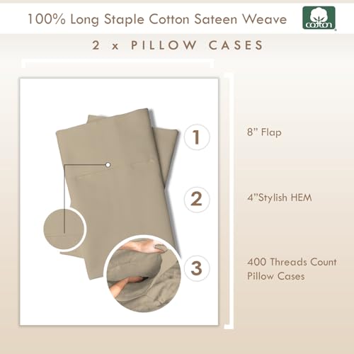 100% Cotton King Size Pillowcases 400 Thread Count Simply Taupe (2 Count)