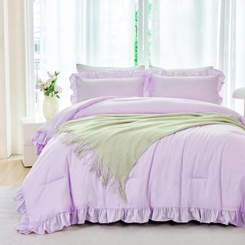 5 Pieces Purple Comforter Set Twin Lavender Ruffle Bed in A Bag with Sheet Sets Solid Color Farmhouse Bedding Sets Soft Microfiber Bed Sets for Girls Kids