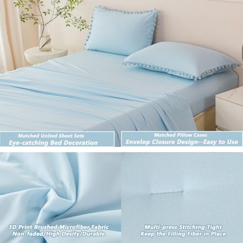 5 Pieces Full Bed in A Bag Light Blue Pom Pom Bedding Set for Girls Boys Soft Fluffy Boho Solid Bedding Comforter Set with Sheets