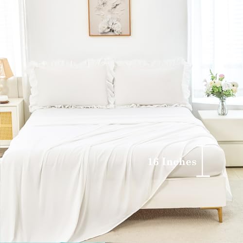 5Pcs Queen Comforter Sets White Ruffle Bedding Sets for Women Men Vintage Farmhouse Bed Sets Solid Elegance Bed in A Bag for All Season（White Queen）