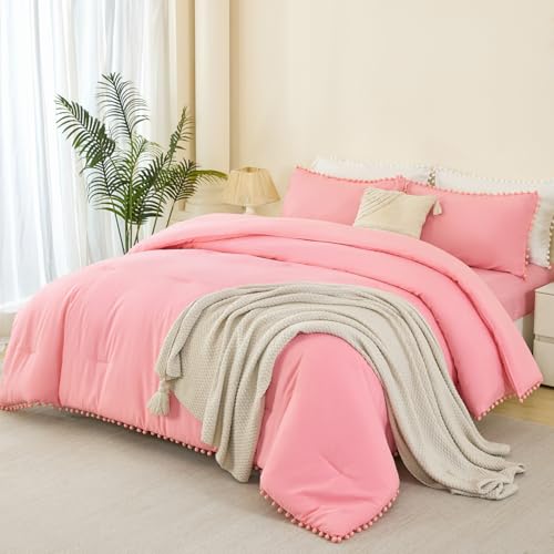 Queen Bedding Set Coral Pink 5 Pcs Pom Pom Fringe Solid Bed in A Bag with Sheet Set Soft All Season Fluffy Boho Comforter for Girls Kids Bedroom