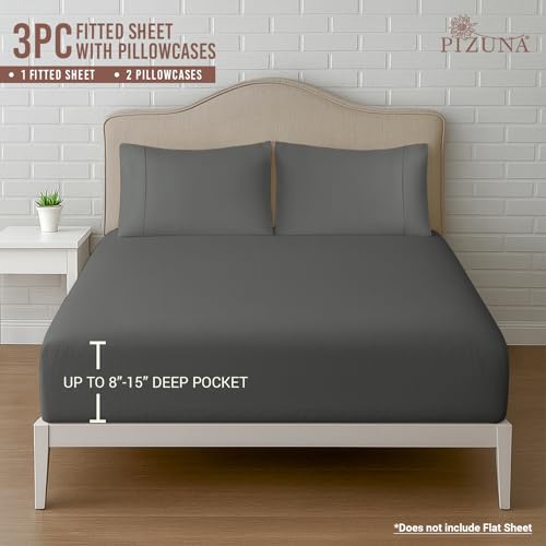 Cotton Twin Fitted Sheet + 2 Pillowcases Set 400TC Dark Grey