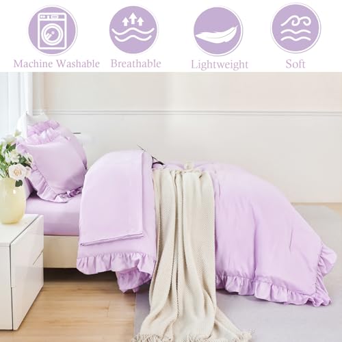 5 Pieces Purple Comforter Set Queen Size Ruffled Bedding Sets for Girls Women Boho Farmhouse Bed Sets Solid Color Soft Bed in A Bag with Sheets