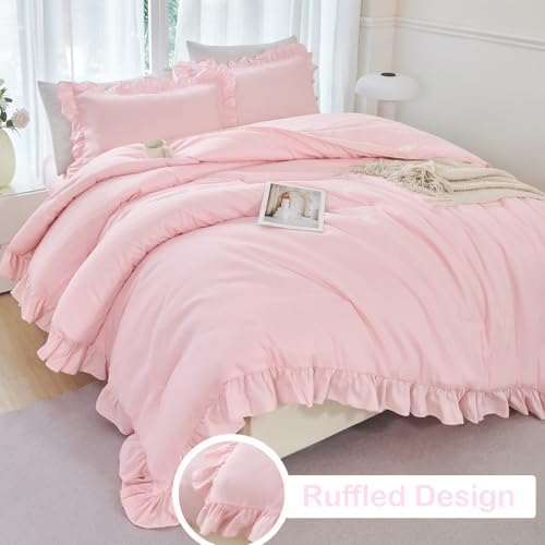 5 Pieces Pink Twin Size Comforter Set for Girls Ruffled Kids Bed in A Bag with Sheet Sets Farmhouse Shabby Bedding Sets with Ruffle Soft Fluffy Bed Sets
