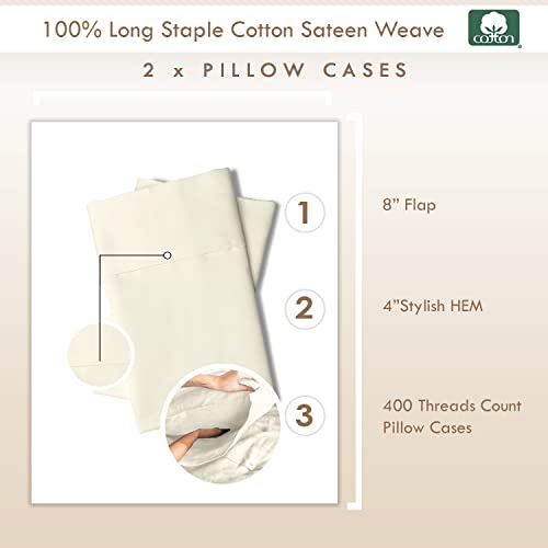 100% Cotton Queen Size Pillowcases 400 Thread Count New Ivory (2 Count)