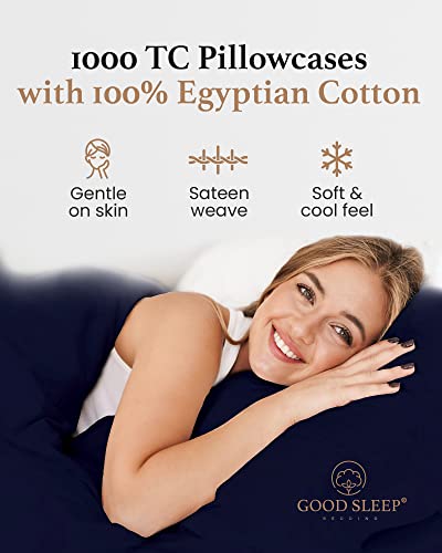 1000 TC Navy Blue Standard Pillowcases Set of 2 100% Egyptian Cotton Pillow Cases with Long Staple Cotton & Sateen Weave (2 Count)