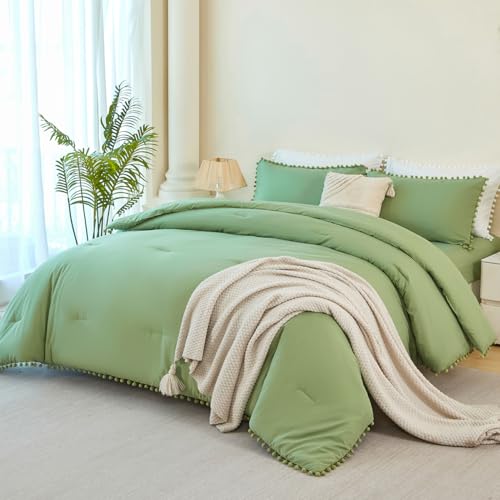 Green Bedding Set Full Size 5 Pieces Boho Pom Pom Fringe Bed in A Bag for Girls Kids Soft Lightweight All Season Solid Comforter Set for Bedroom
