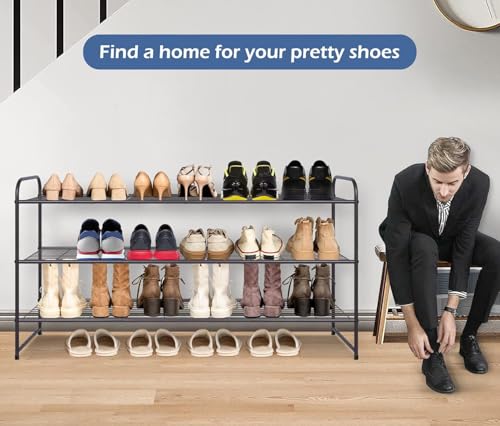 Long 3 Tier Shoe Rack for Closet Wide Shoe Storage Organizer Stackable Metal Shoe Shelf for 24 Pairs Men Sneakers with Wire Grid for Closet Floor