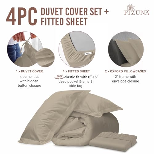 100% Cotton Queen Duvet Cover Set + Fitted Sheet 400TC Simply Taupe