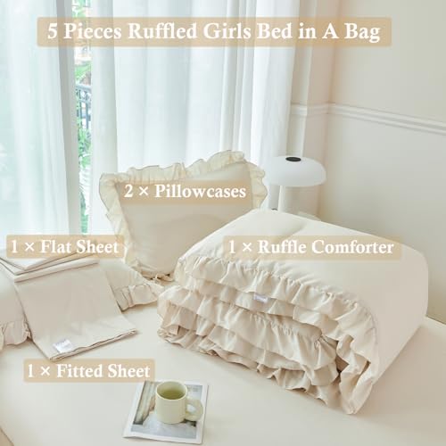 ANGIYUI 5Pcs Camel Ruffle Comforter Set Queen Size Boho Bedding Comforter Sets Vintage Farmhouse Bed Comforter Set Soft Fluffy Bed in A Bag for Gilrs Women