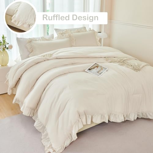 ANGIYUI 5Pcs Camel Ruffle Comforter Set Queen Size Boho Bedding Comforter Sets Vintage Farmhouse Bed Comforter Set Soft Fluffy Bed in A Bag for Gilrs Women
