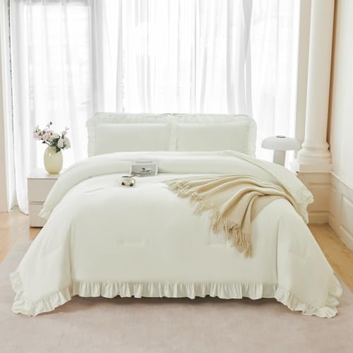 Queen Comforter Set Ivory 5 Pieces Beige Ruffled Bedding Sets Farmhouse Boho Bed in A Bag with Sheets Soft Shabby Chic Bed Set for Women Men (5 Count)