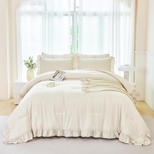 5 Pieces Camel Ruffled Full Size Bedding Sets for Kids Girls Shabby Boho Bed in A Bag Lightweight Fluffy Bed Comforter Sets with Sheets