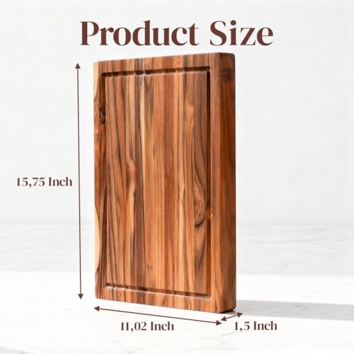 Large Teak Cutting Board 16" x 11" x 1.5" Thick Edge Grain Butcher Block for Meat & Kitchen Prep with Juice Groove and Handle