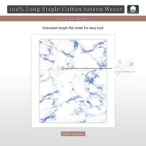 100% Cotton Carrara Marble Print Queen Flat Sheet 400TC Blue