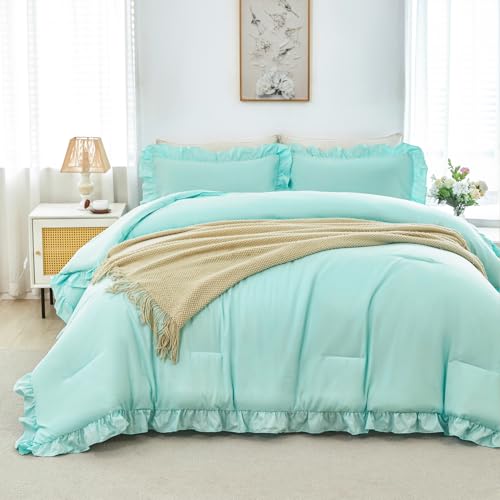 5Pcs Queen Size Comforter Sets Mint Green Ruffle Bedding Sets Vintage Farmhouse Bed Sets Solid Elegance Bed in A Bag for Women Men（Mint Green Queen）