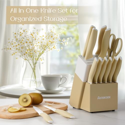 Kitchen Knife Set with Block and Sharpener 15 Piece Knives Set German High Carbon Stainless Steel Knives Sharp Blade Dishwasher Safe Deba Knives with Ergonomic Handle (15 Count)